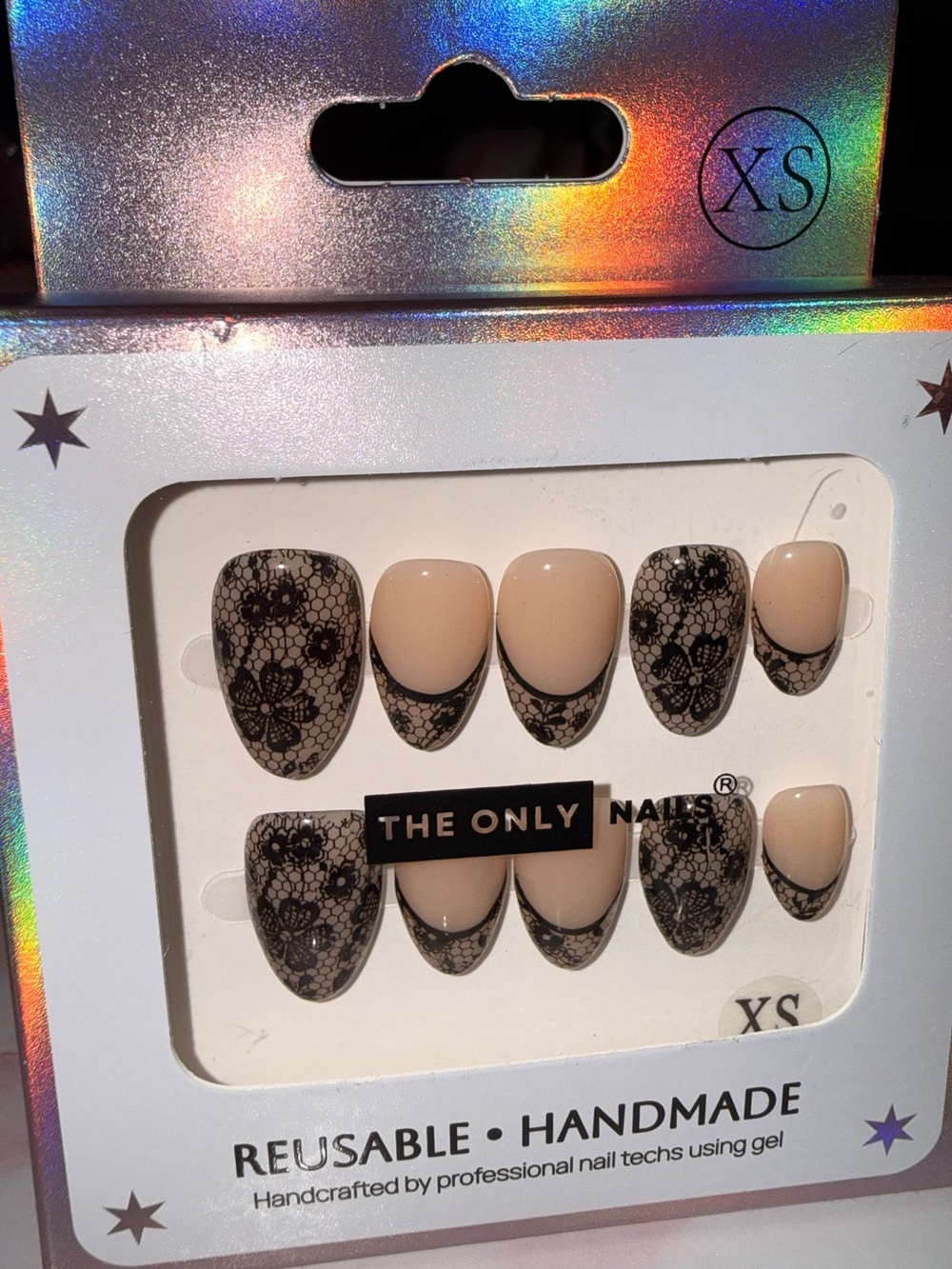 The Only Nails Nude & Black Lace Reusable Handmade Press-On Set